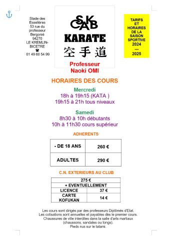 KARATE COURS ET TARIFS 2024-2025 EN PDF