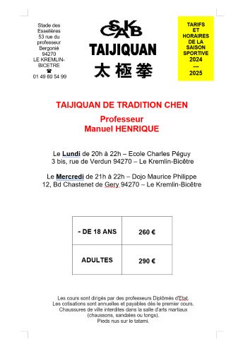 taiji TRADITION CHEN COURS ET TARIFS 2024-2025 EN PDF